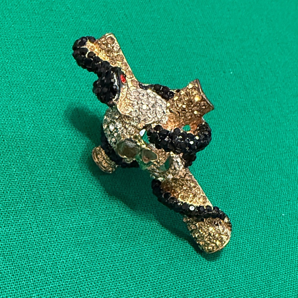 Gold and Black Rhinestone Skull Cross Snake Cocktail Ring